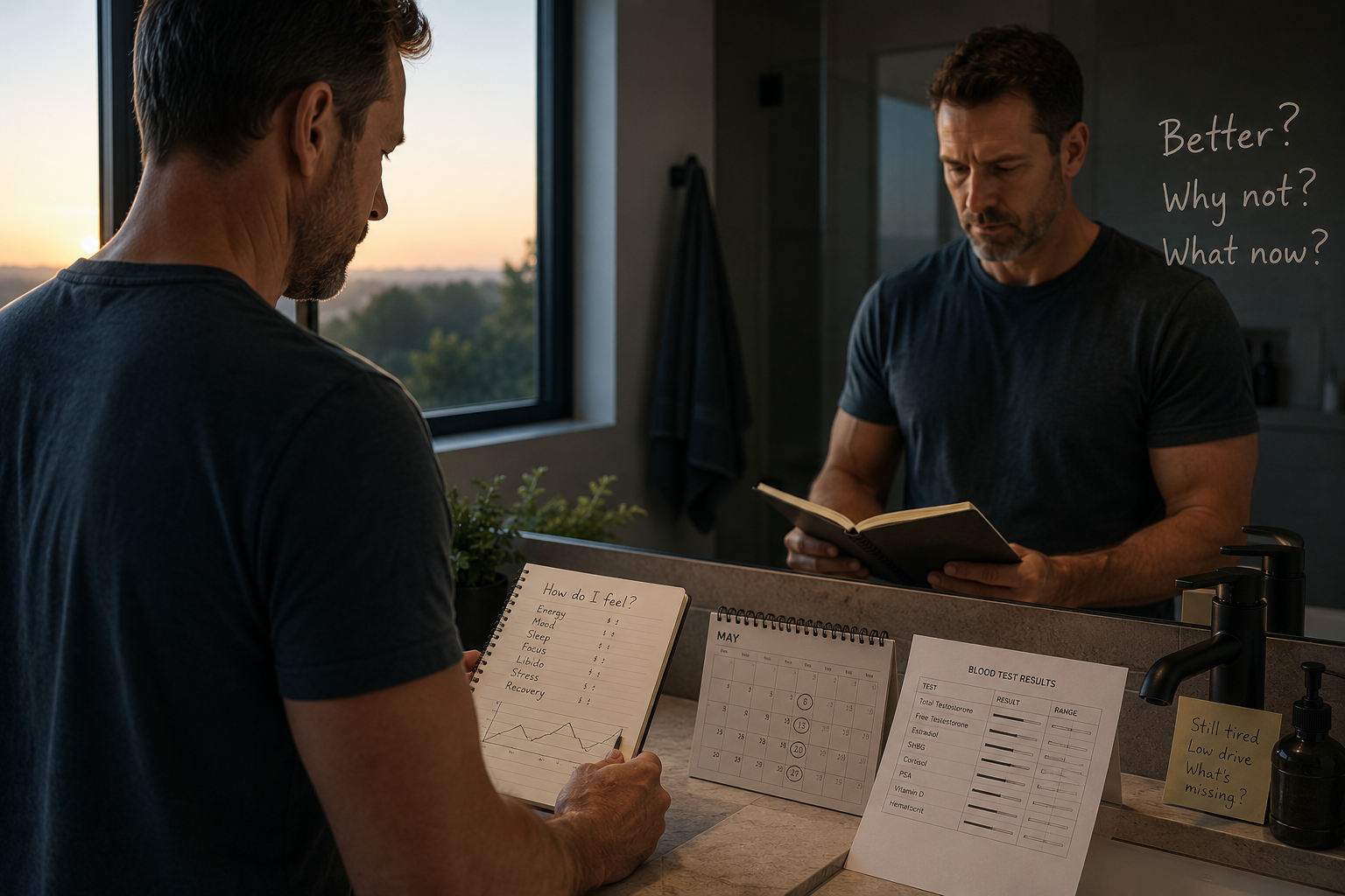 A man reviewing a health notebook and calendar beside lab paperwork in a calm bathroom scene.