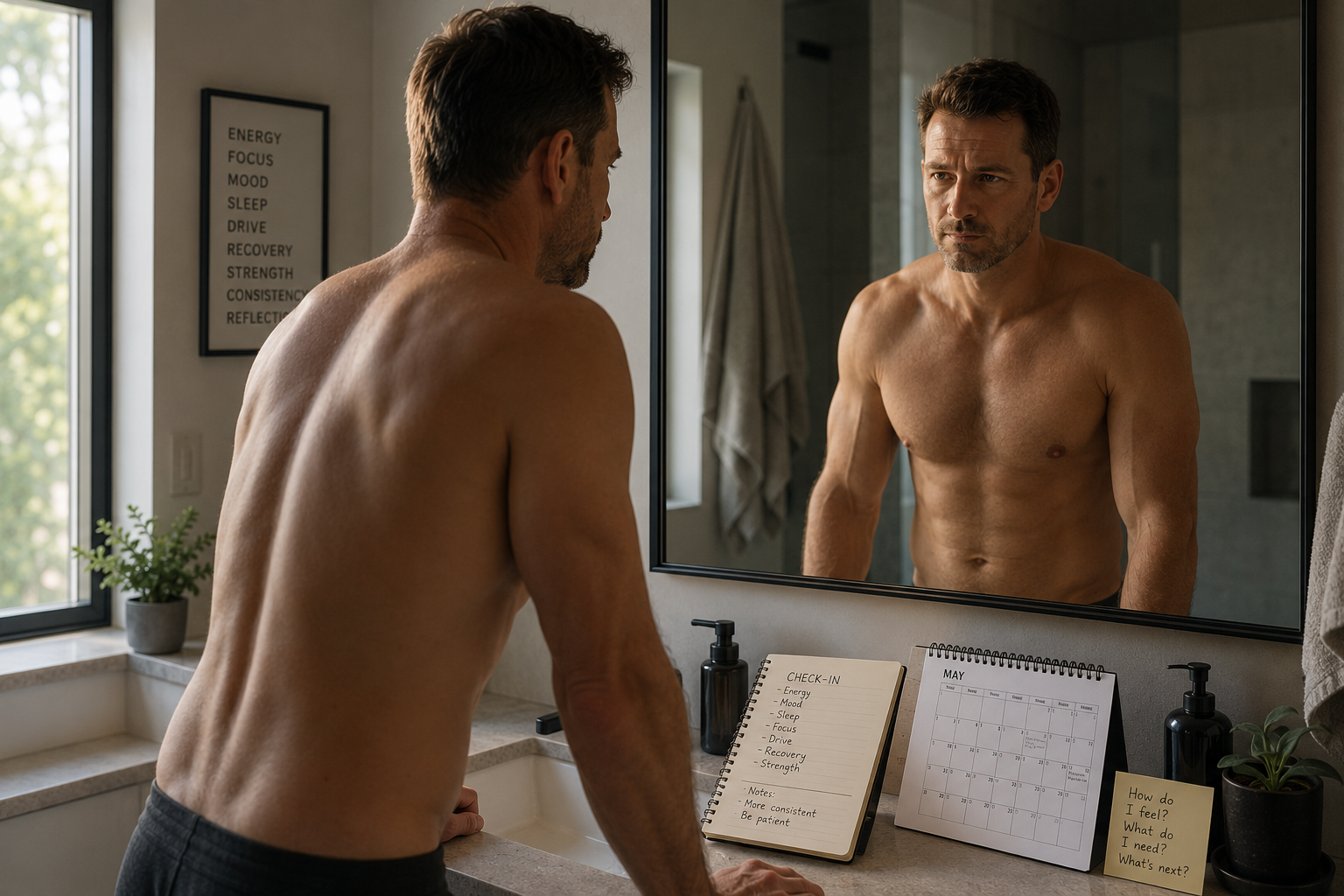 An adult man standing in front of a bathroom mirror with a notebook and calendar on a counter.