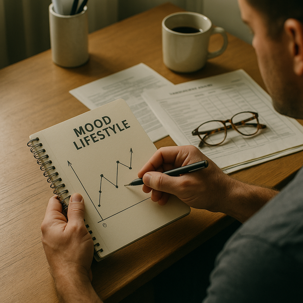 Editorial photo of mood and hormone tracking notes on a desk.