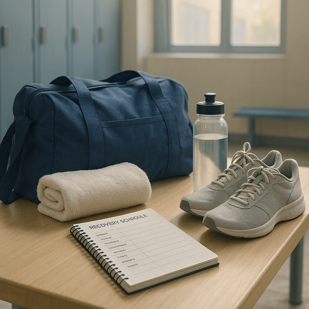 A gym bag, water bottle, shoes, and notebook on a bench in soft morning light, suggesting training recovery and monitoring.