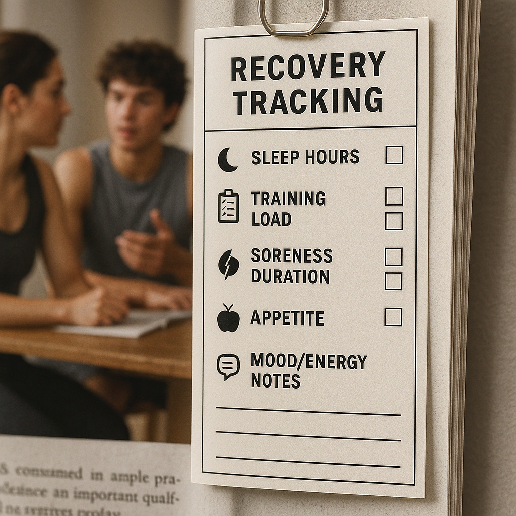 A checklist graphic with simple recovery tracking items like sleep, soreness, training load, and mood.