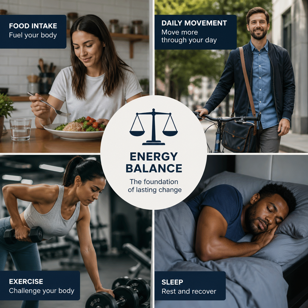 Chart showing energy intake, daily movement, exercise, and sleep as factors influencing fat loss.